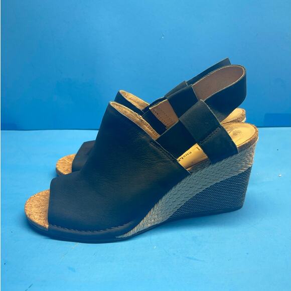Clarks Navy Leather Cork Wedge Sandals Sz 6.5 Soft Cushion Slingback EU 37 - Picture 5 of 10